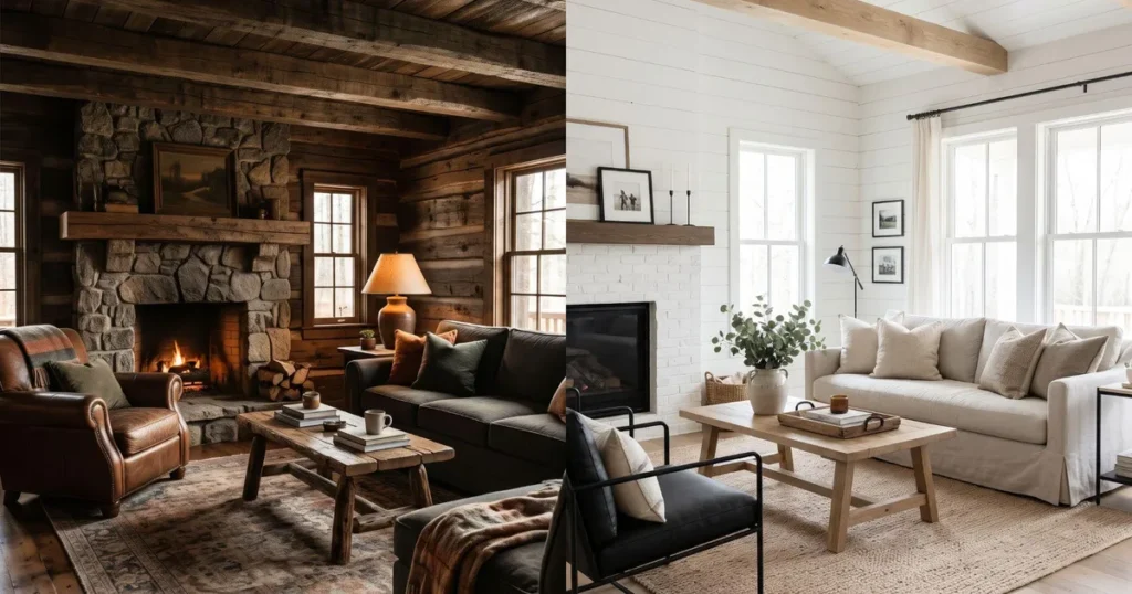 Rustic vs modern farmhouse living rooms side by side comparison hero image
