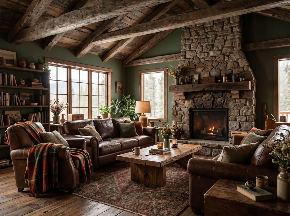 Cozy rustic living room with stone fireplace exposed beams and leather furniture