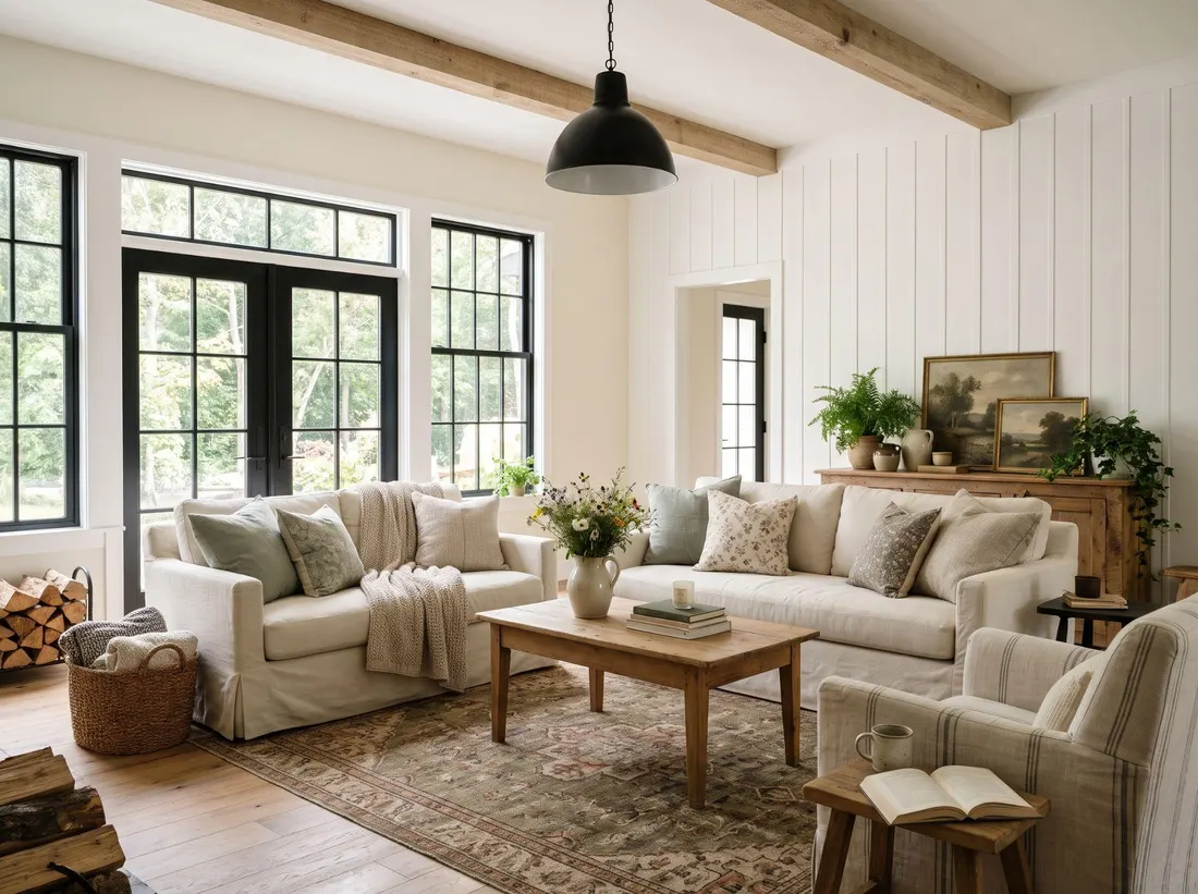 Bright modern farmhouse living room with white walls black pendant and slipcovered sofa