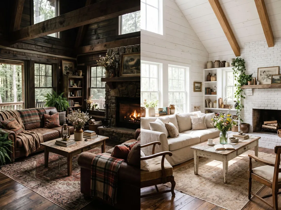 Side by side rustic lodge and modern farmhouse living rooms comparison