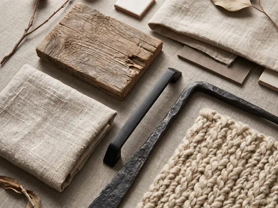 Flat lay of rustic and modern farmhouse materials wood linen black hardware and wool