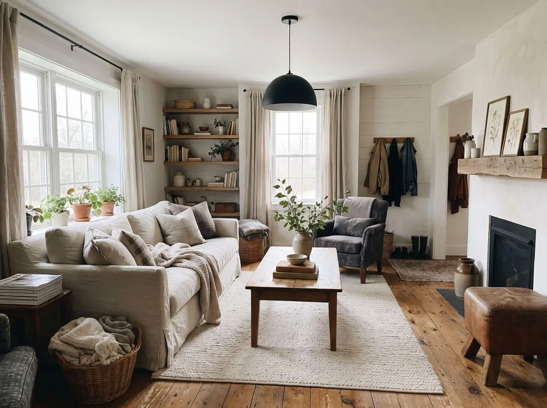 Modern farmhouse living room with black pendant light and slipcovered sofa