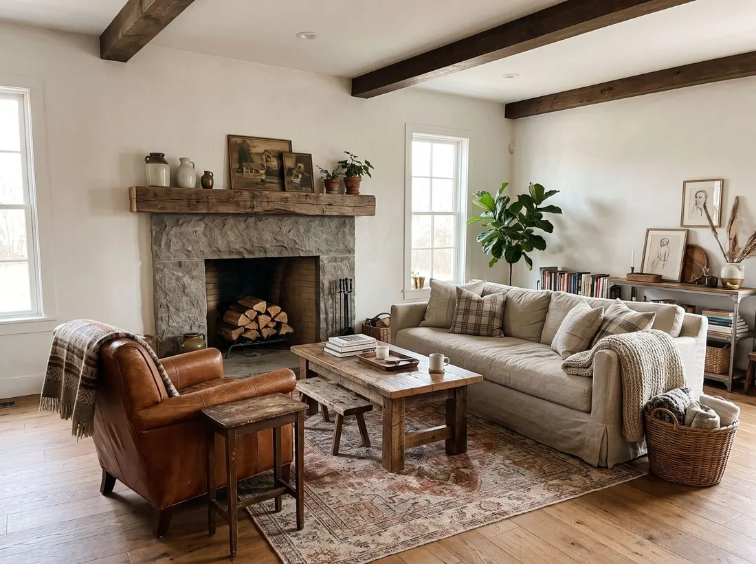 Modern farmhouse living room mixed with rustic reclaimed wood mantel and leather chair